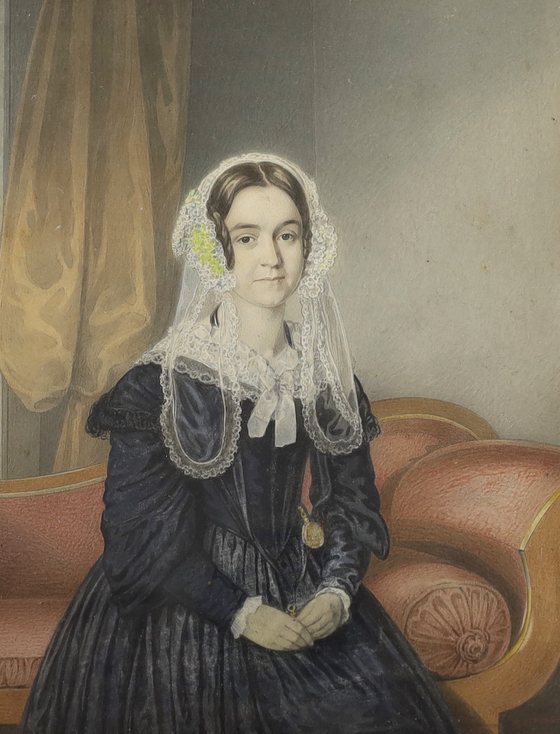 W.W. Waite (19th. C), watercolour on card, Portrait of a seated lady wearing a lace bonnet and collar, signed and dated 1844, 22 x 17cm